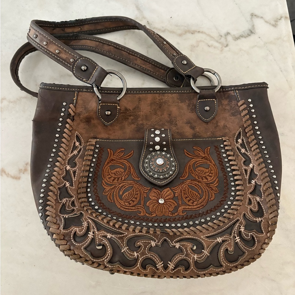 Montana West Brown and Tan Embroidered Shoulder Bag